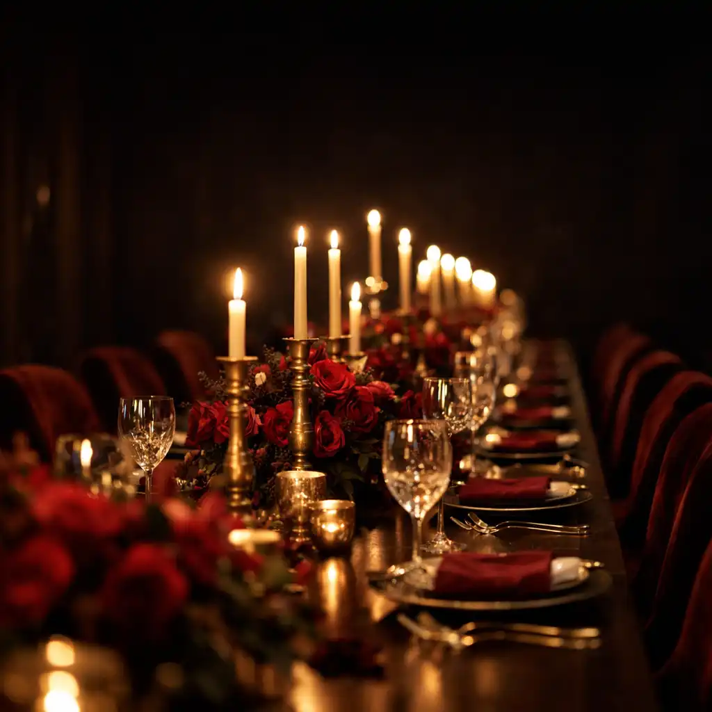 Lange Festtafel mit Kerzen und Blumengestecken für private Feiern