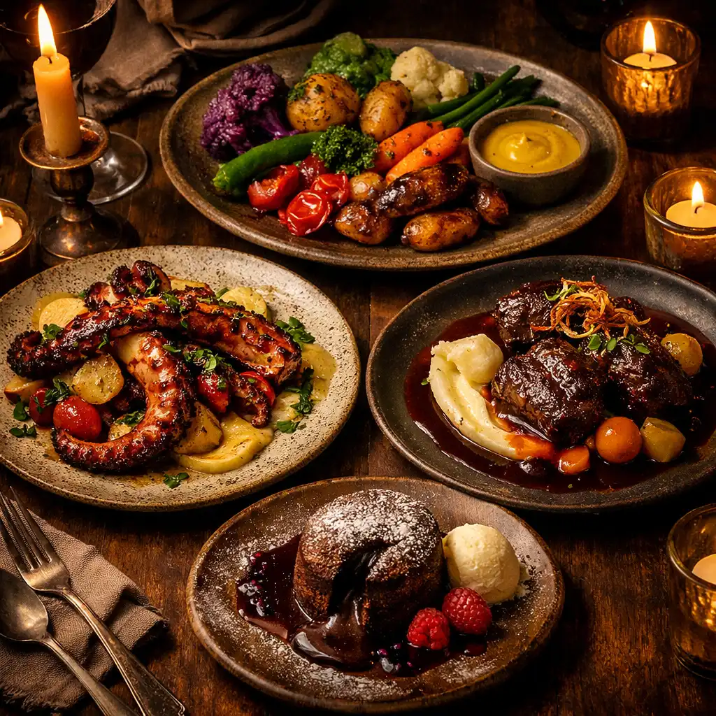 Festliche Tafel mit kunstvoll angerichteten Speisen bei Kerzenlicht