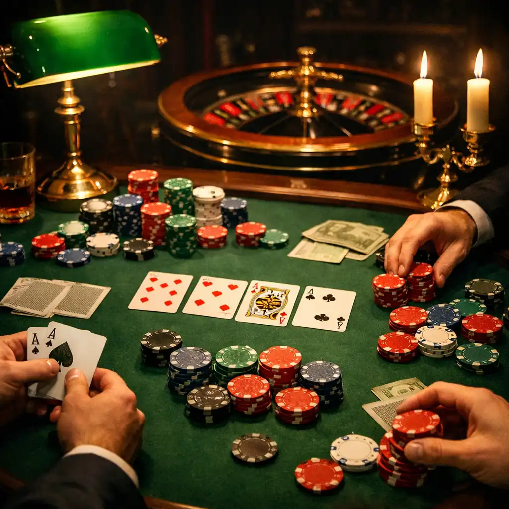 Spieltisch mit Karten, Chips und Roulette-Rad im Kerzenlicht
