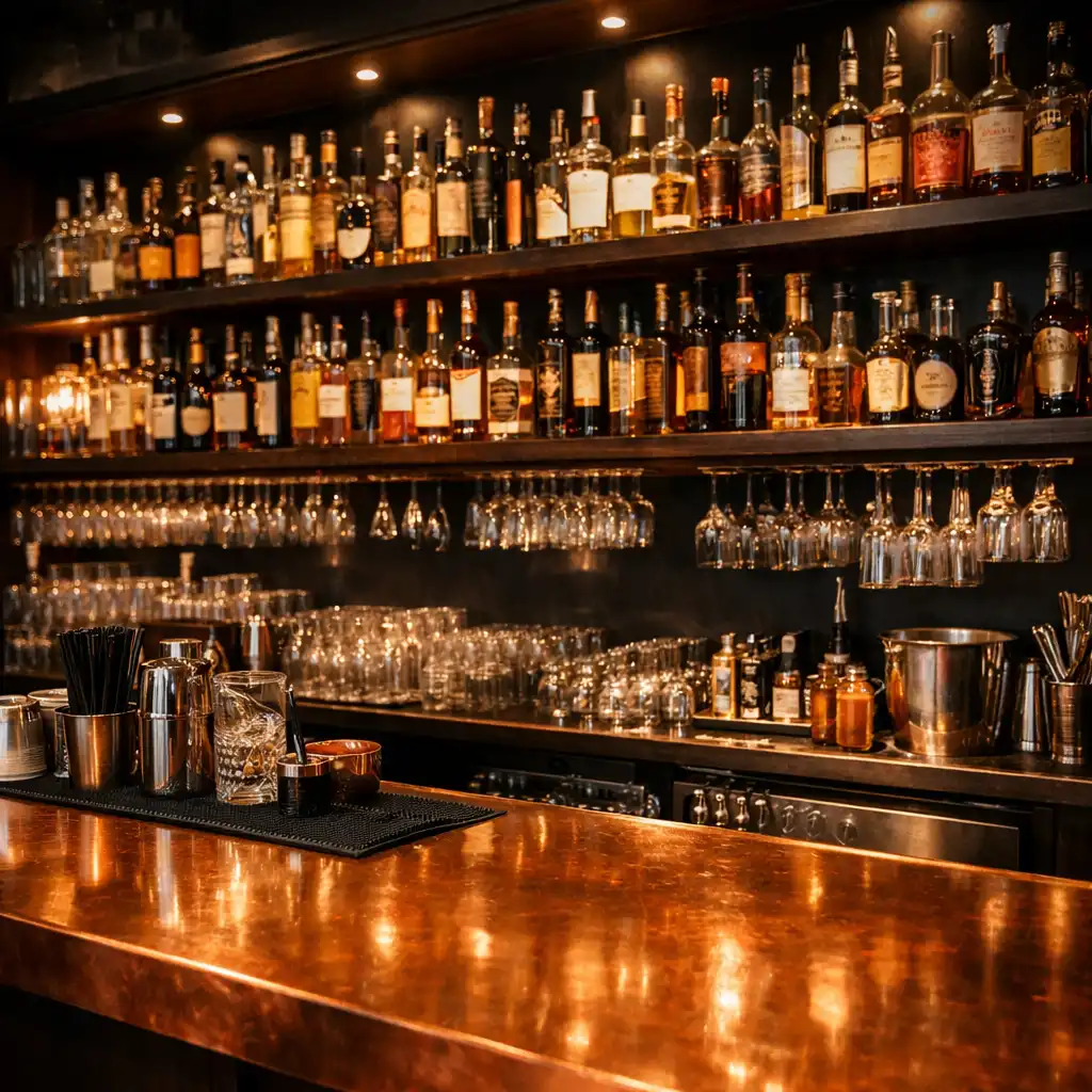 Die Bar von Festquorin mit Kupfertheke und Flaschenregalen