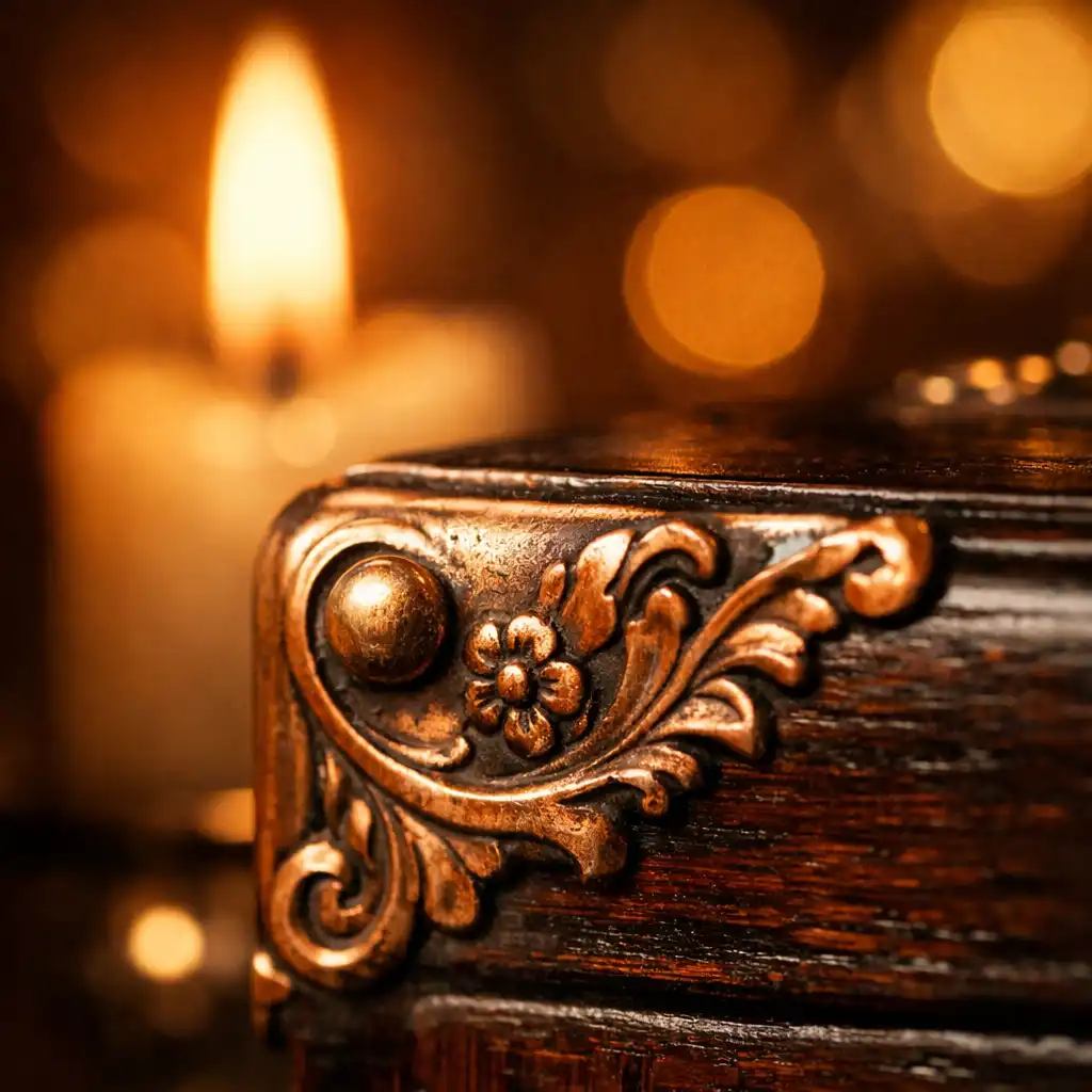 Detailaufnahme von Kupferbeschlag und Kerzenflamme bei Festquorin