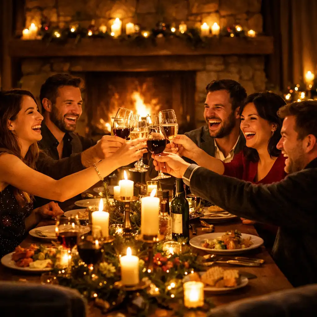 Freunde stoßen an einer langen Festquorin-Tafel an, Kerzenlicht erhellt die Gesichter