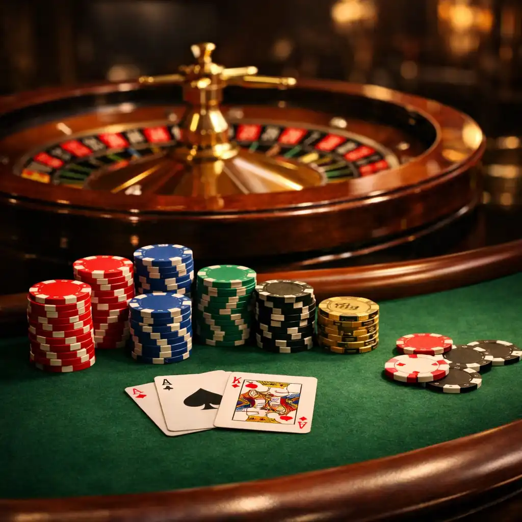 Der Spielbereich von Festquorin mit Pokertisch und Roulette-Rad