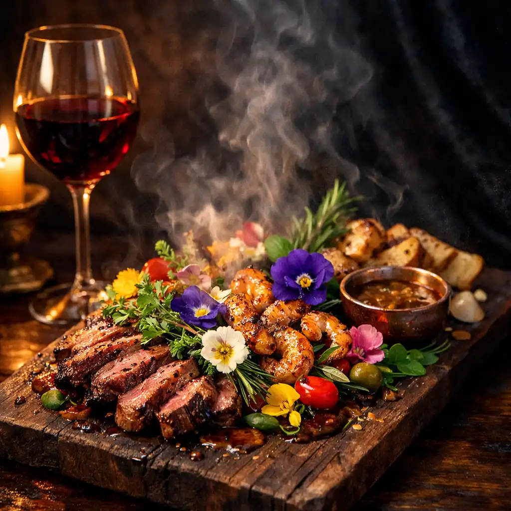 Kunstvoll angerichtetes Sharing-Gericht auf dunklem Holzbrett mit frischen Kräutern und Rotwein