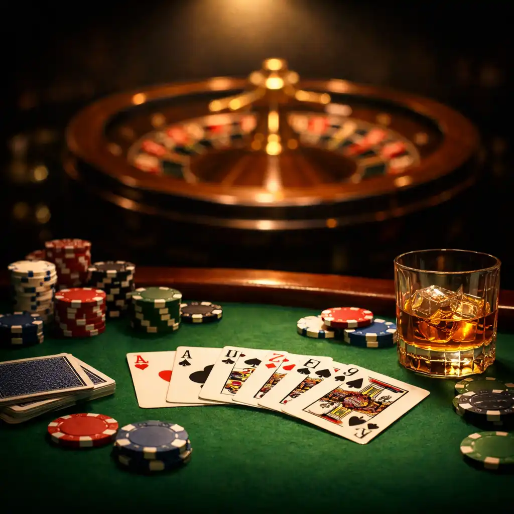 Pokertisch mit grünem Filz, Karten, Chips und Whiskeyglas, im Hintergrund ein Roulette-Rad