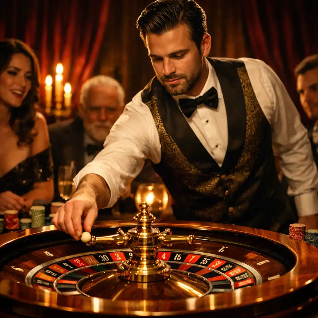Croupier in eleganter Weste dreht das Roulette-Rad, Gäste schauen gespannt zu