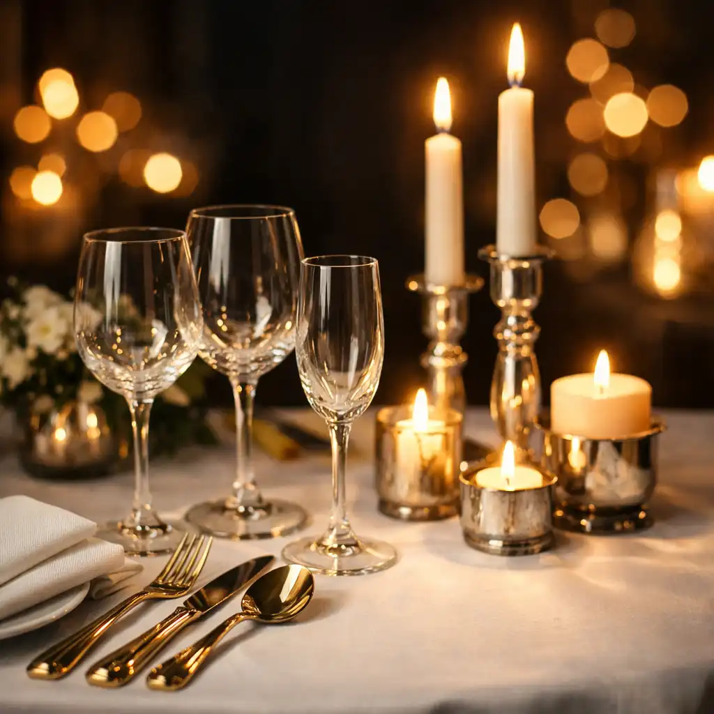 Elegant gedeckter Tisch mit Kerzenlicht und goldenen Bestecken bei Festquorin