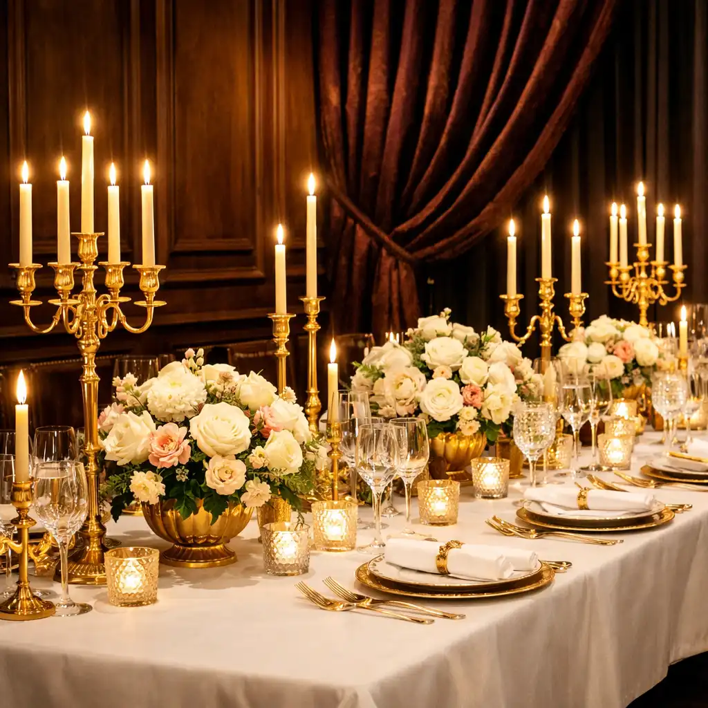 Festlich gedeckte Tafel mit weißen Tischdecken, goldenen Kerzenleuchtern und Blumengestecken