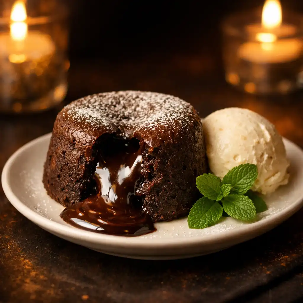 Dunkles Schokoladentörtchen mit flüssigem Kern und Vanilleeis