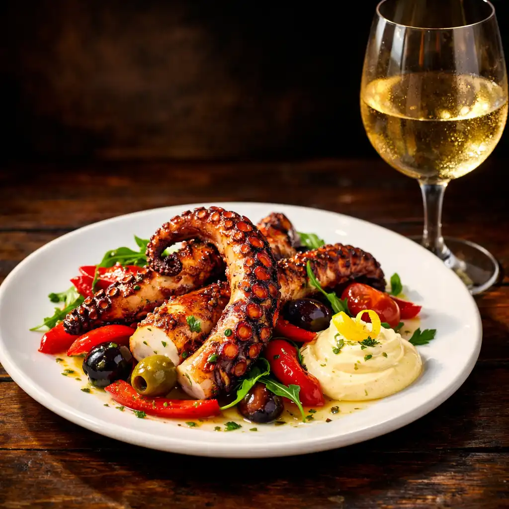 Gegrillter Oktopus mit Paprika, Oliven und Zitronen-Aioli