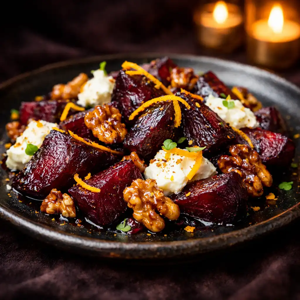 Geröstete Rote Bete mit Ziegenkäse, karamellisierten Walnüssen und Orangenschale auf dunklem Keramikteller