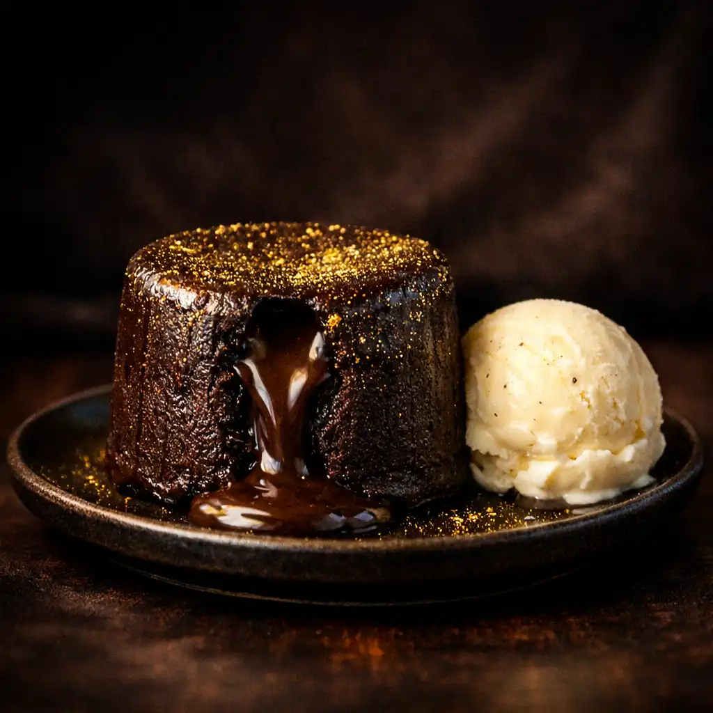 Dunkles Schokoladentörtchen mit flüssigem Kern, Goldstaub und Vanilleeis
